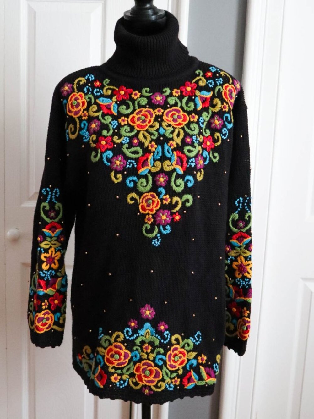 Vtg Gantos Colorful Floral Embroidered Beaded Turtleneck Tunic Sweater L Boho
